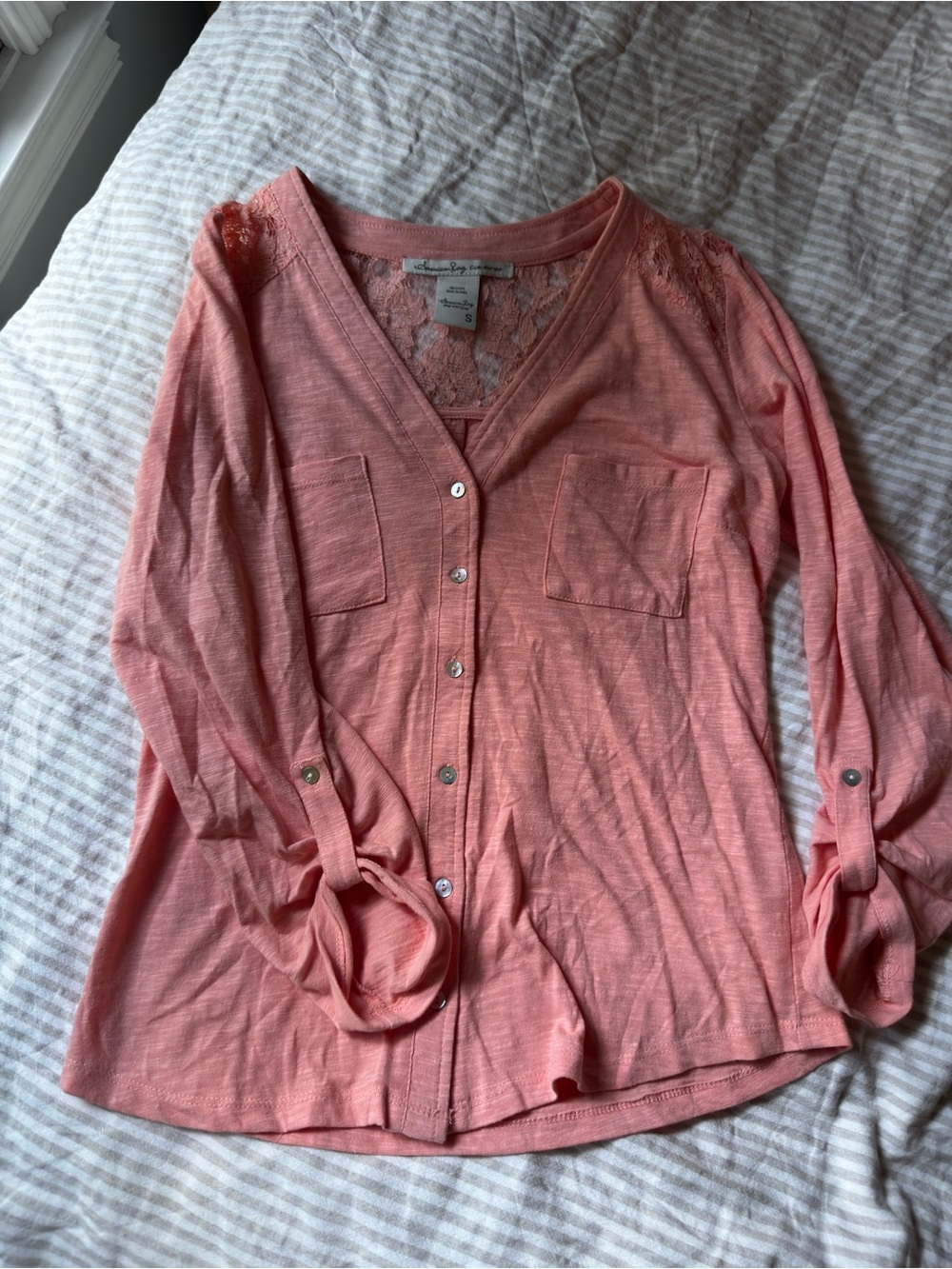 Coral Lace-Back Button Down Shirt